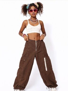 Sandy Liang Accord Cargo Pants Brown Baggy Multi Pocket Drawstring Sz 4